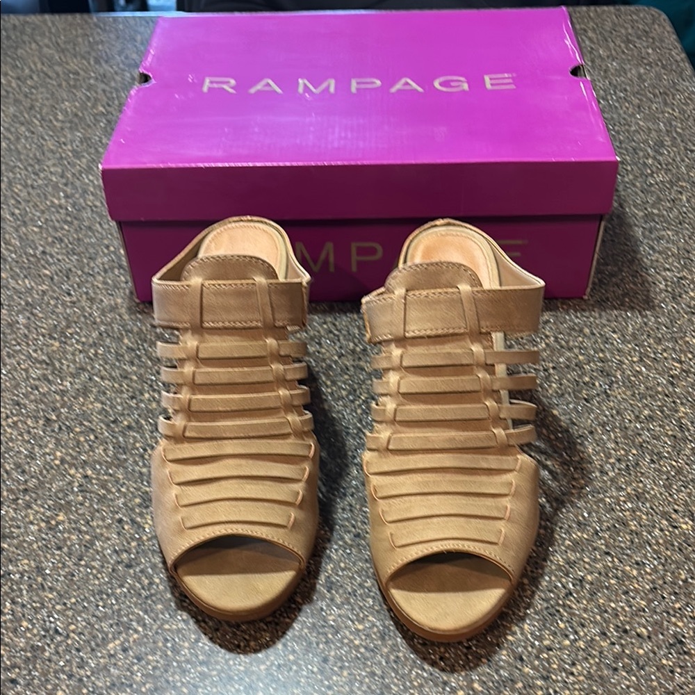 Rampage Tan Slip On Gladiator Sandals With Open and Heel Size 8 1/2